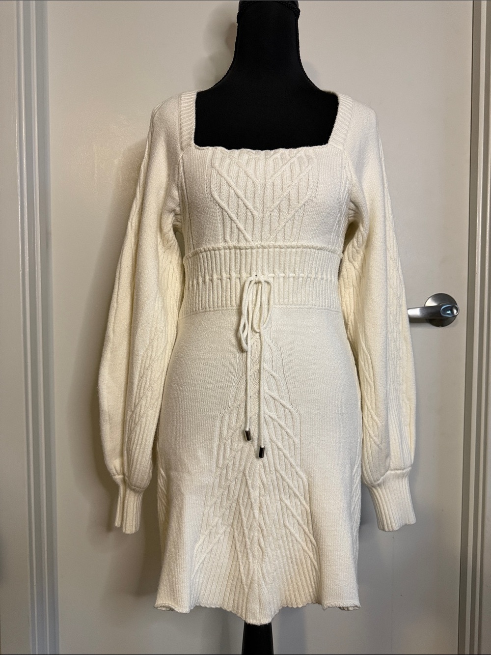 Free People Ivory Cable-Knit Square Neck Coquette Girl Sweater Dress Sz S